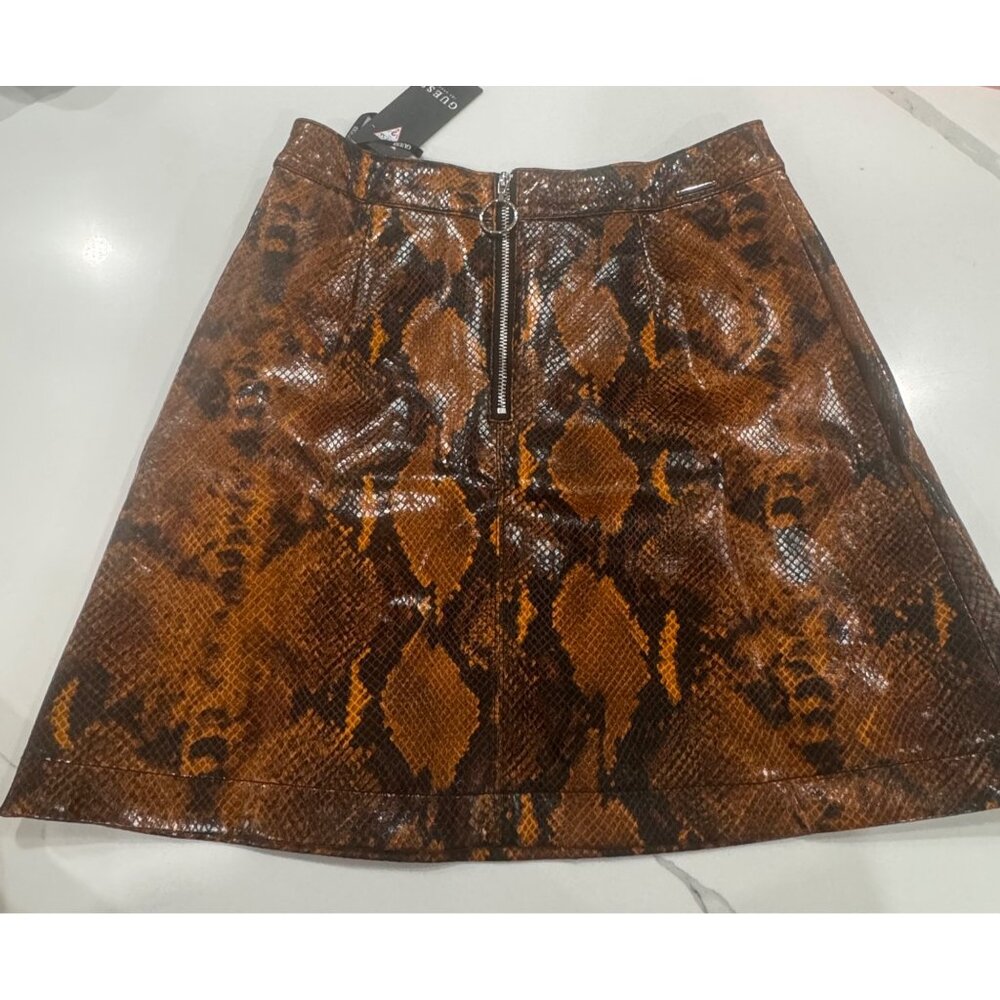 Guess Snake Print Vinyl Mini Skirt With Front Zipper In Orange & Black XS